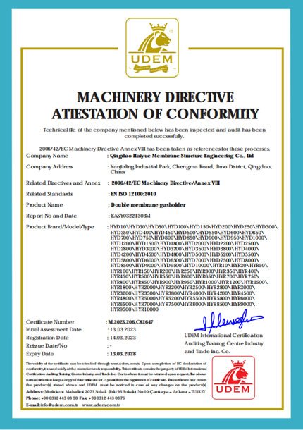 CE certificate - Double membrane gas holder